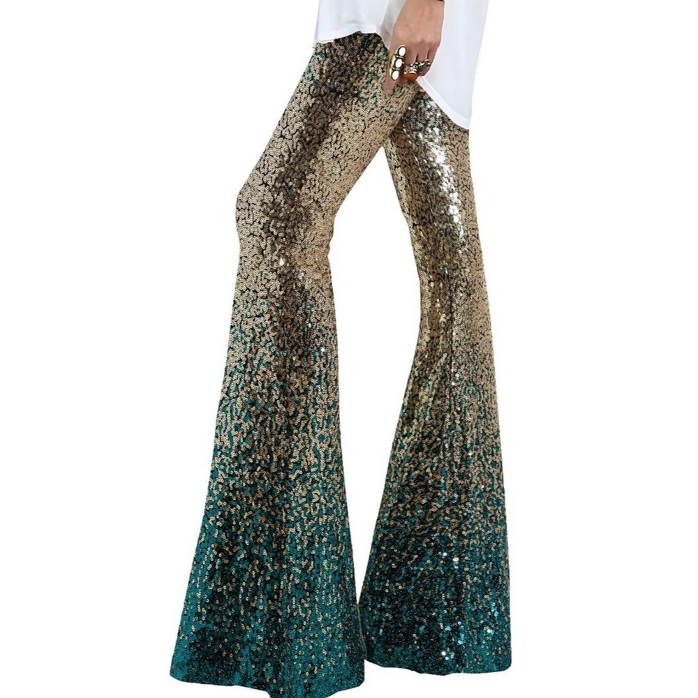 Womens Sequin Pants High Waisted Sparkle Bell Bottoms Glitter Gradient S